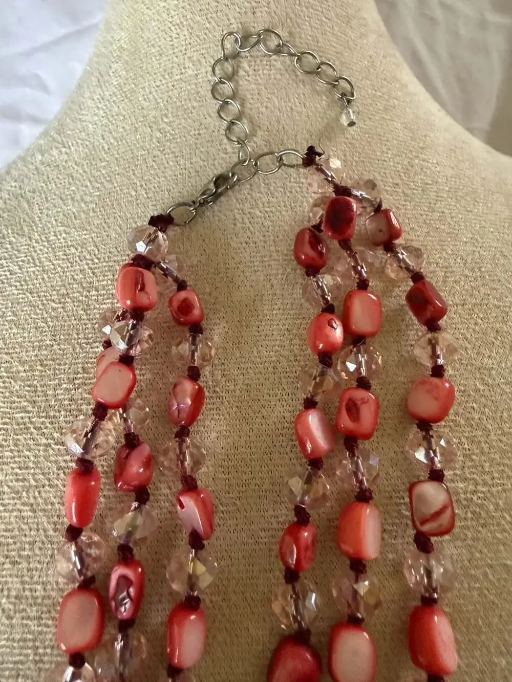 Red Glass Chip & Faceted Crystal-Style Bead Multi-Strand Necklace 17–20” boho